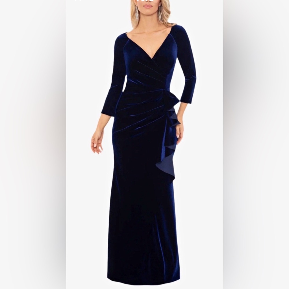 Xscape Midnight Blue Velvet Long Sleeve Dress